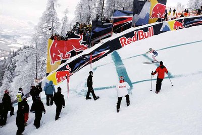 Ski racer approaching a jump